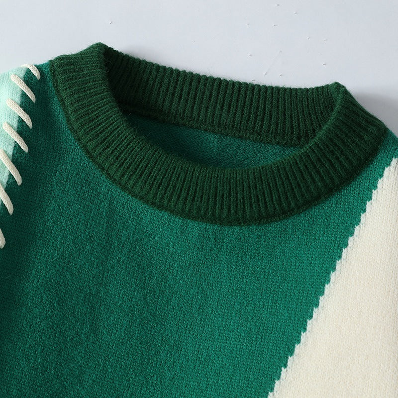 Color Block Knit Sweater – Casual Crewneck Patchwork Pullover
