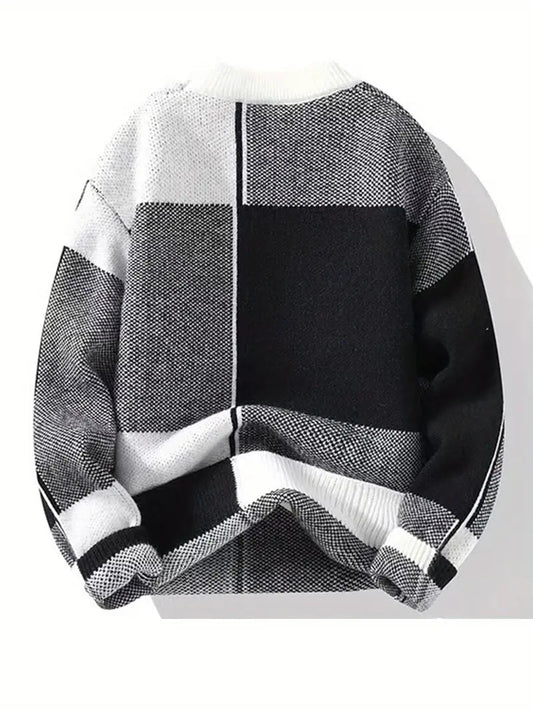 Color Block Knit Sweater – Crew Neck Casual Pullover