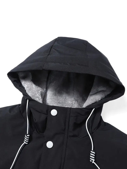 Black Fleece-Lined Winter Jacket – Hooded Thermal Warm Coat