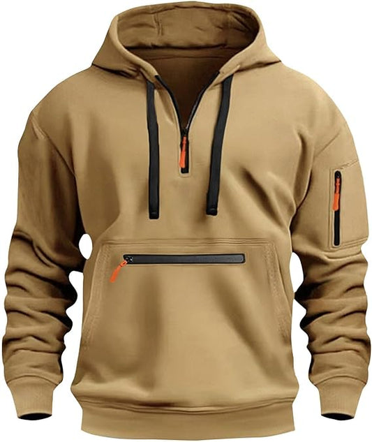 Men’s Tactical Pullover Hoodie – Half-Zip Hooded Sweatshirt with Utility Pockets, Casual Streetwear