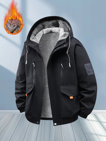 Black Fleece-Lined Winter Jacket – Hooded Thermal Warm Coat