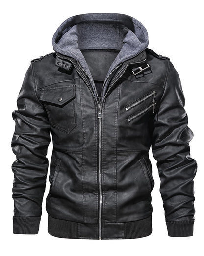 Men’s Hooded Faux Leather Jacket – Removable Hoodie, Zip-Up Biker Style, All-Season Streetwear