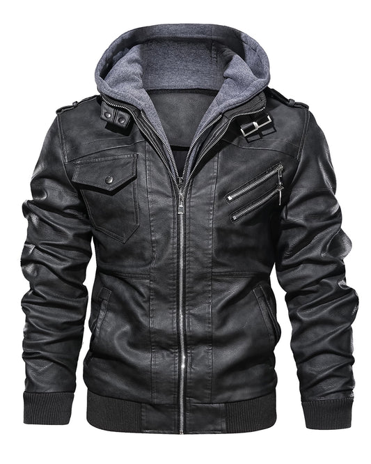 Men’s Hooded Faux Leather Jacket – Removable Hoodie, Zip-Up Biker Style, All-Season Streetwear