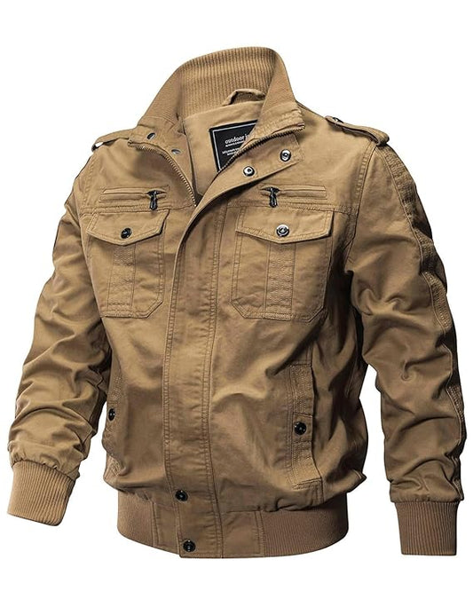 Men’s Casual Military Jacket – Zip-Up Cotton Utility Jacket with Stand Collar, All-Season Wear