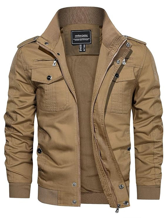 Men’s Casual Military Jacket – Zip-Up Cotton Utility Jacket with Stand Collar, All-Season Wear