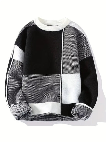 Color Block Knit Sweater – Crew Neck Casual Pullover