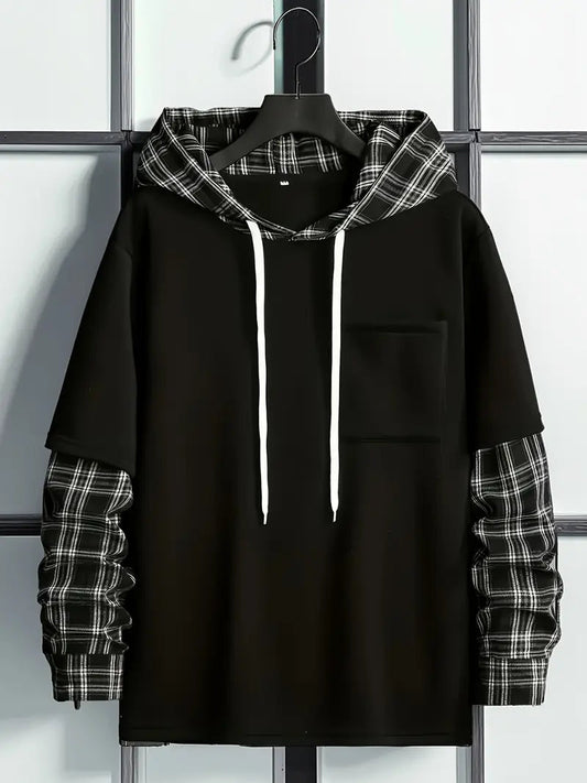 Layered Hoodie T-Shirt – Plaid Sleeve Streetwear Pullover