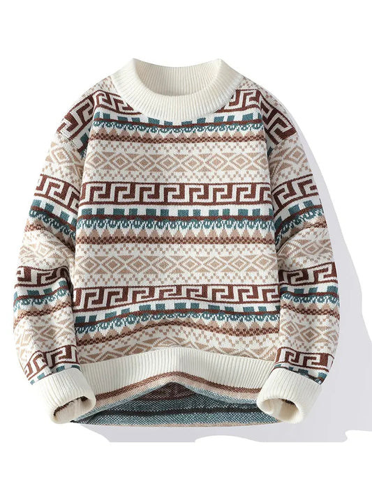 Vintage Pattern Knit Sweater – Retro Winter Crewneck