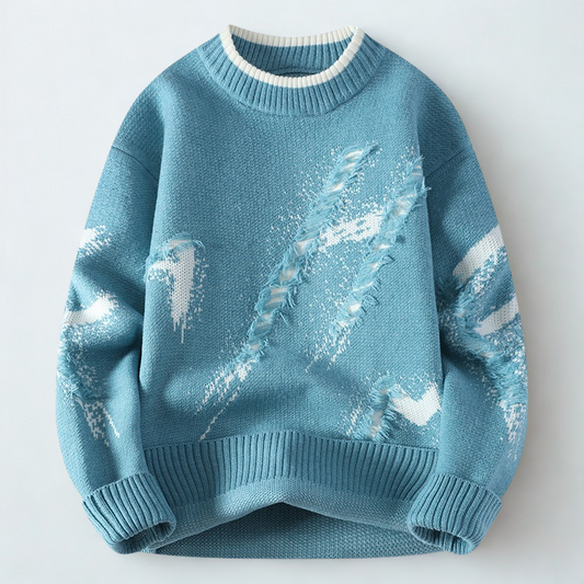 Distressed Knit Sweater – Vintage Ripped Crewneck Pullover