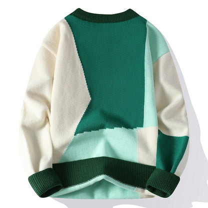 Color Block Knit Sweater – Casual Crewneck Patchwork Pullover