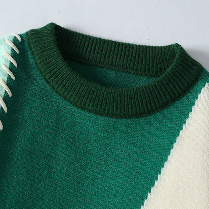 Color Block Knit Sweater – Casual Crewneck Patchwork Pullover