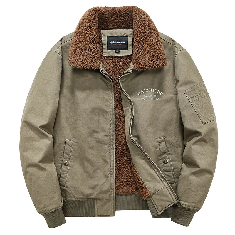 Olive Fleece-Lined Bomber Jacket – Warm Utility Winter Jacket