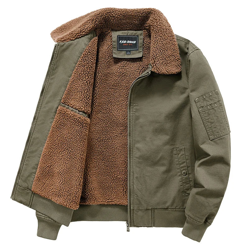 Olive Fleece-Lined Bomber Jacket – Warm Utility Winter Jacket