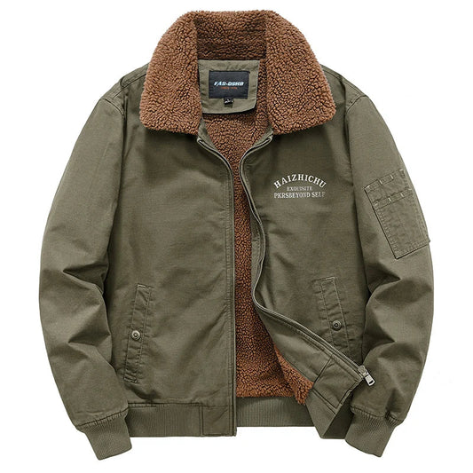 Olive Fleece-Lined Bomber Jacket – Warm Utility Winter Jacket