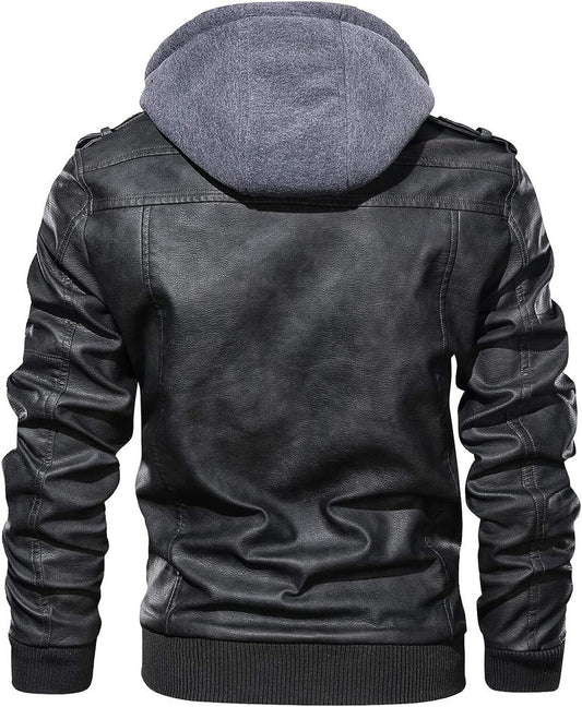Men’s Hooded Faux Leather Jacket – Removable Hoodie, Zip-Up Biker Style, All-Season Streetwear